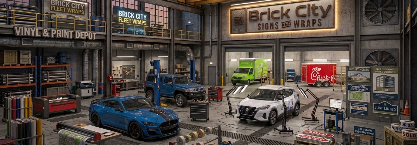 Brick City Signs and Wraps shop floor with wrapped fleet vehicles